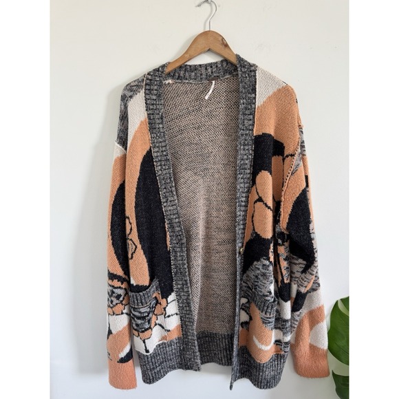 Free People Cardigan Front Button August Peach Gray Petals Combo S Oversize - Picture 3 of 10
